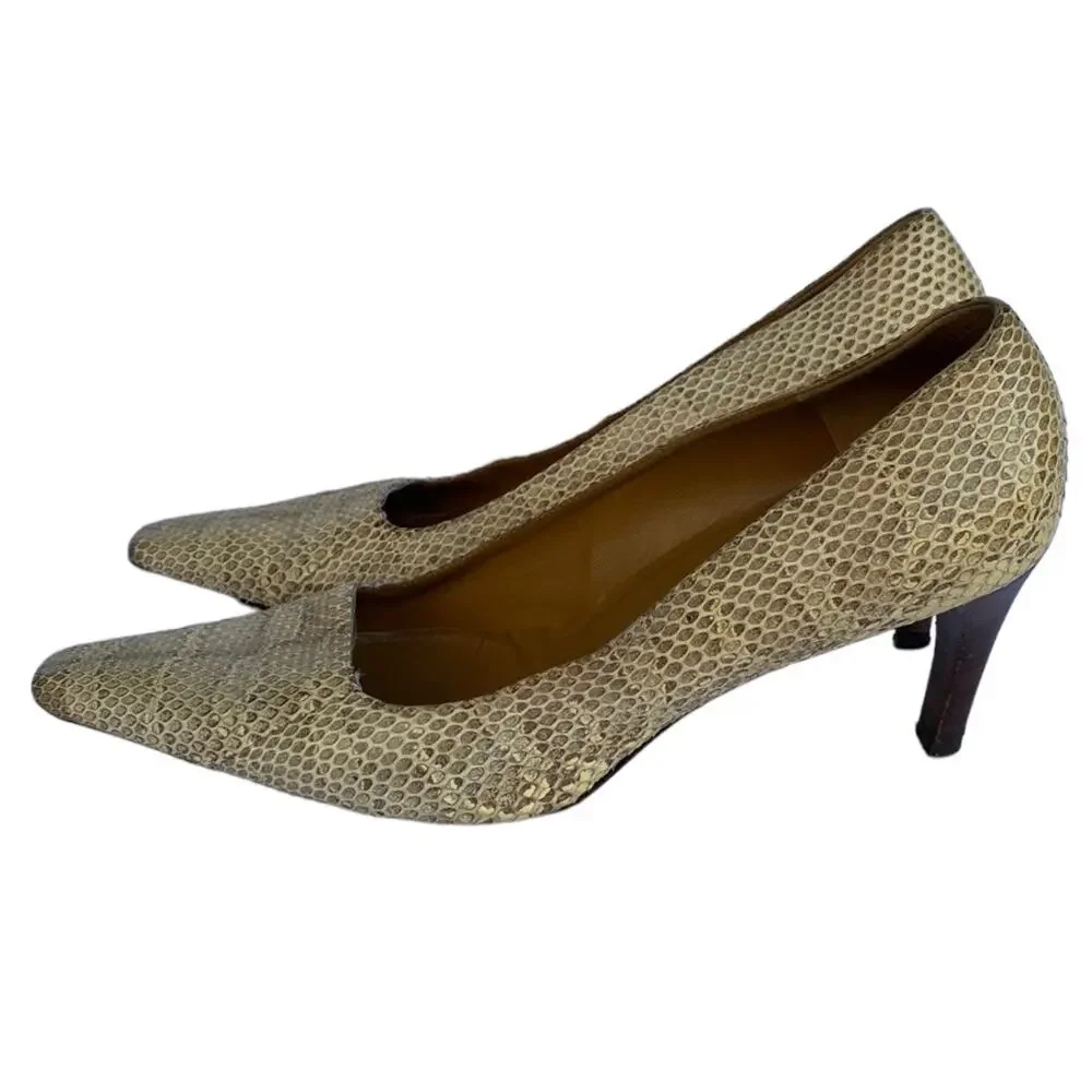 Vintage Gucci Tan Snakeskin Snip Toe Slip On Classic Heeled Pumps Size 9B - Picture 3 of 10